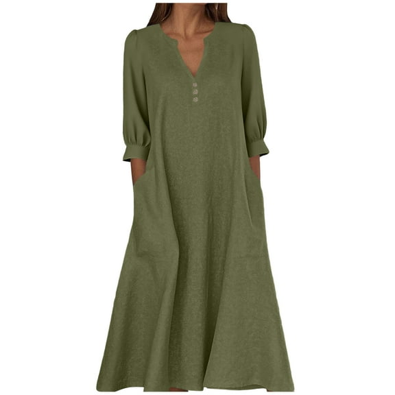 Wdfiry Women's Cotton Linen Dress Solid Color Notched Neck Puff Sleeve Dress Plus Size Loose 3/4 Sleeve Midi Dresses