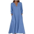 thumbnail image 1 of Wdfiry Women's Cotton Linen Dress Solid Color Notched Neck Puff Sleeve Dress Plus Size Loose 3/4 Sleeve Midi Dresses, 1 of 4