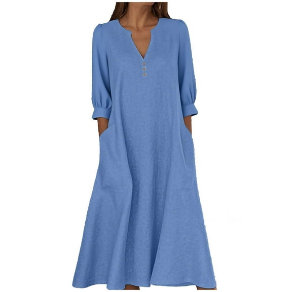 Wdfiry Women's Cotton Linen Dress Solid Color Notched Neck Puff Sleeve Dress Plus Size Loose 3/4 Sleeve Midi Dresses