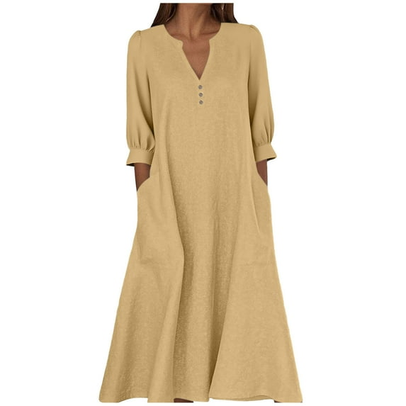 Wdfiry Women's Cotton Linen Dress Solid Color Notched Neck Puff Sleeve Dress Plus Size Loose 3/4 Sleeve Midi Dresses