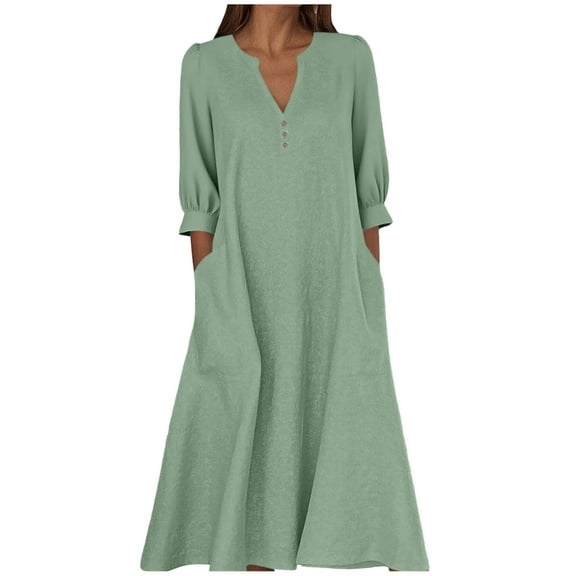 Wdfiry Women's Cotton Linen Dress Solid Color Notched Neck Puff Sleeve Dress Plus Size Loose 3/4 Sleeve Midi Dresses