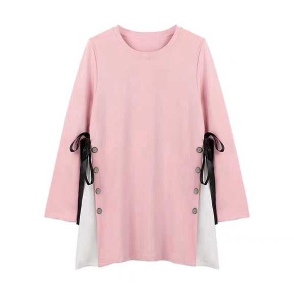 Wdfiry Women's Cotton Maternity Shirts Fashion Solid Side Split Nursing Tops Plus Size Long Sleeve Crew Neck Pregnancy Clothes for Breastfeeding