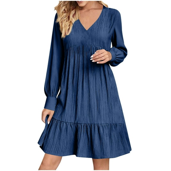 Wdfiry Women's Dress Solid Color Puff Long Sleeve V Neck Pleated Dress Casual Ruffled Trim Mini Dresses