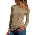 thumbnail image 1 of Wdfiry Women's Fashion Long Sleeve Tops Round Neck Solid Color Blouse Off-the-Shoulder Tops, 1 of 4