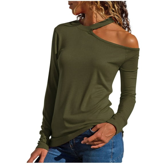 Wdfiry Women's Fashion Long Sleeve Tops Round Neck Solid Color Blouse Off-the-Shoulder Tops