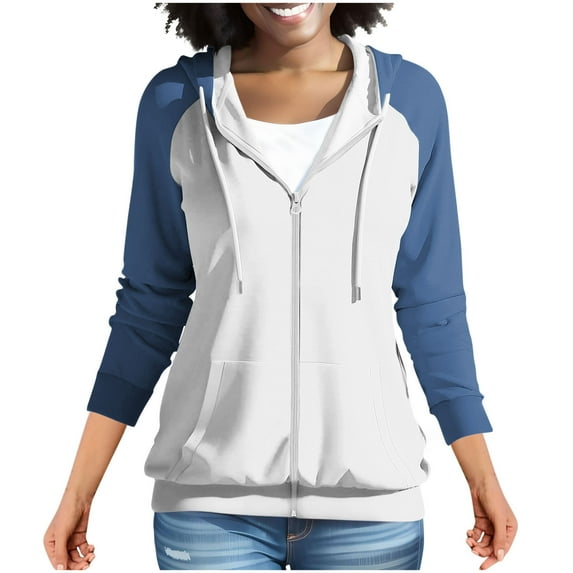 Wdfiry Women's Full Zip Up Hoodie Long Sleeve Lightweight Hooded Sweatshirts Fall Tops Plus Size Color Block Pockets Jacket Coat