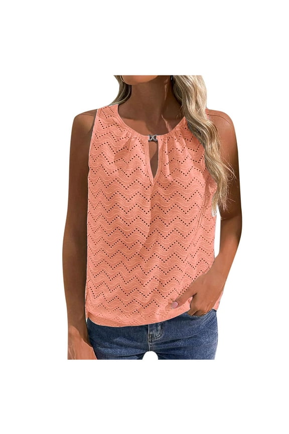 Women's Keyhole Neckline Sleeveless Shirts Fashion Casual Solid Color Hollowed-Out Sleeveless Top Summer Breathable Beach Tank Tops