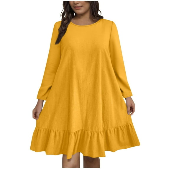 Wdfiry Women's Knee-length Dress Plus Size Round Neck Long Sleeve Ruffled Trim Dress Solid Color Casual Loose Fall Dresses