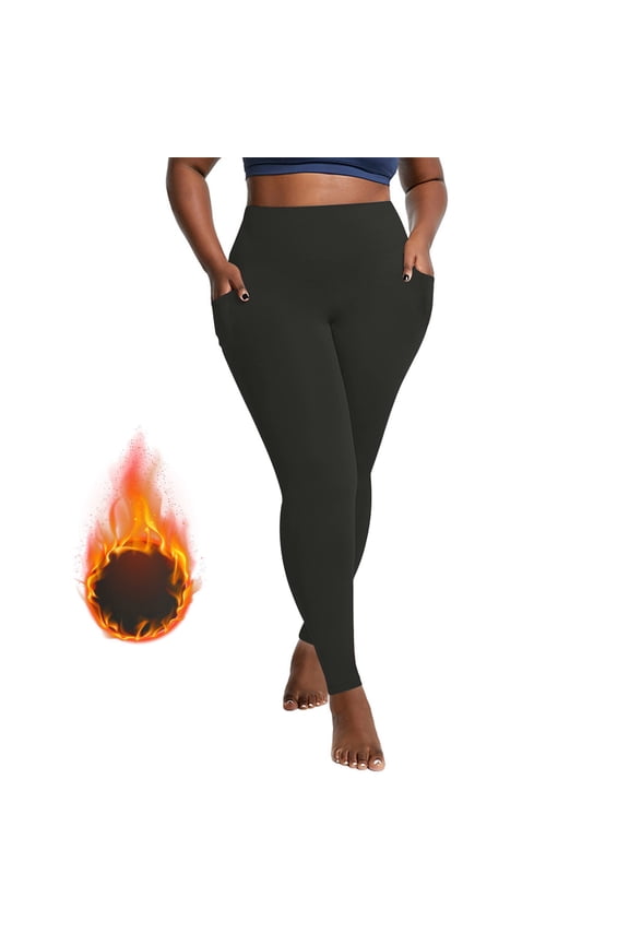 Women's Leggings Plus Size Warm Thick Winter Yoga Leggings Stretch Solid Color Workout Yoga Trousers with Pockets