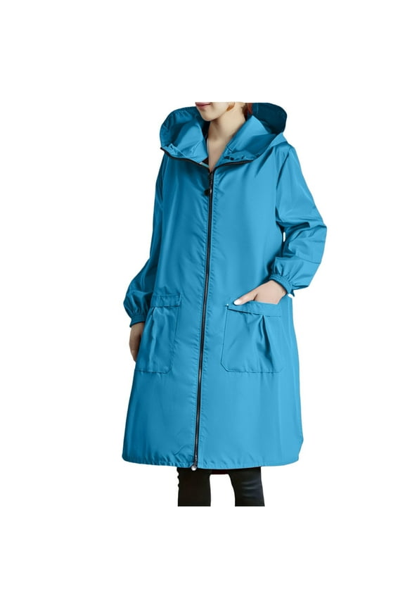 Women's Long Raincoat Jackets Plus Size Solid Color Winter Warm Waterproof Rain Jackets Zip Up Outdoor Hooded Pockets Travel Windbreaker