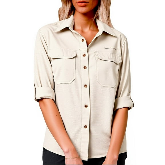 Wdfiry Women's Long Sleeve T-shirt Button Open Front Tops with Pockets Turn-down Collar Casual Outdoor Fishing Hiking Travel Tops