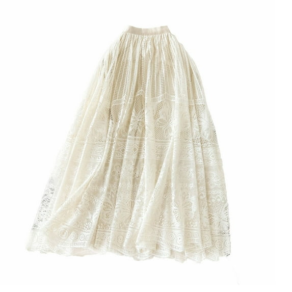 Wdfiry Women's Long Tulle Skirt Spring Summer Elastic Lace Petticoat High Waist Long Mesh Skirt Womens Pleated Midi Skirt