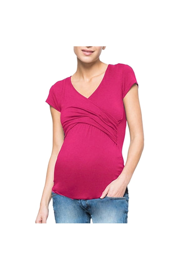 Women's Maternity T Shirts Fashion Casual Criss Cross V-Neck Nursing Tops Summer Solid Color Short Sleeve Pregnancy Blouses for Breastfeeding