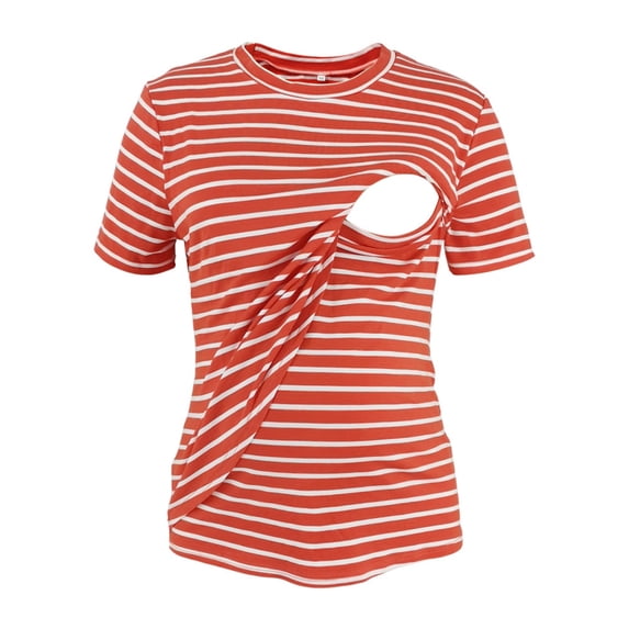 Ohufall Women's Maternity Tee Tops Fashion Casual Stripe Printed Round Neck Nursing T-shirts Summer Comfy Loose Short Sleeve Pregnancy Clothes for Women