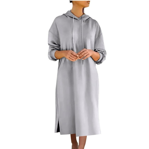 Wdfiry Women's Midi Dress Solid Color Pullover Hooded Long Sleeve Dress Casual Plus Size Side Slit Sweatshirt Dress