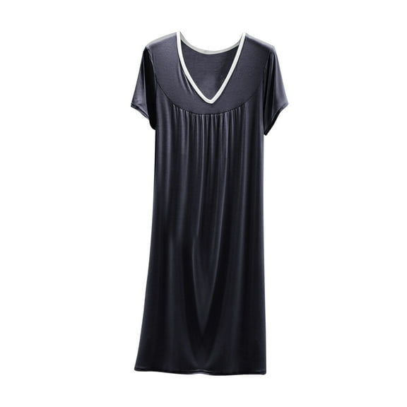 Ohufall Women's Modal Short Sleeve Nightgown Fashion Casual Solid Color V-Neck Cotton Sleepshirt Loose and Comfortable Pleated Nightshirt