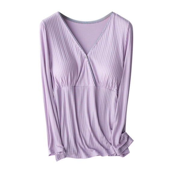 Ohufall Women's Nursing Sleepshirts Summer Solid Color Comfy V Neck Maternity Loungewear Plus Size Soft Breathable Long Sleeve Open Button Breastfeeding Pajamas