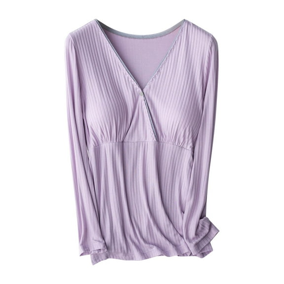 Ohufall Women's Nursing Sleepshirts Summer Solid Color Comfy V Neck Maternity Loungewear Plus Size Soft Breathable Long Sleeve Open Button Breastfeeding Pajamas