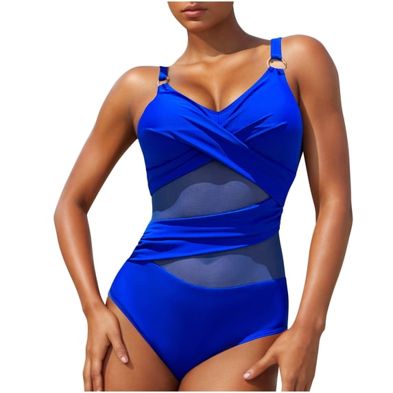 Ohufall Women's One Piece Bathing Suits Solid Color Criss Cross V Neck Backless Swimsuits Push Up Tummy Control Swimwear Bikinis
