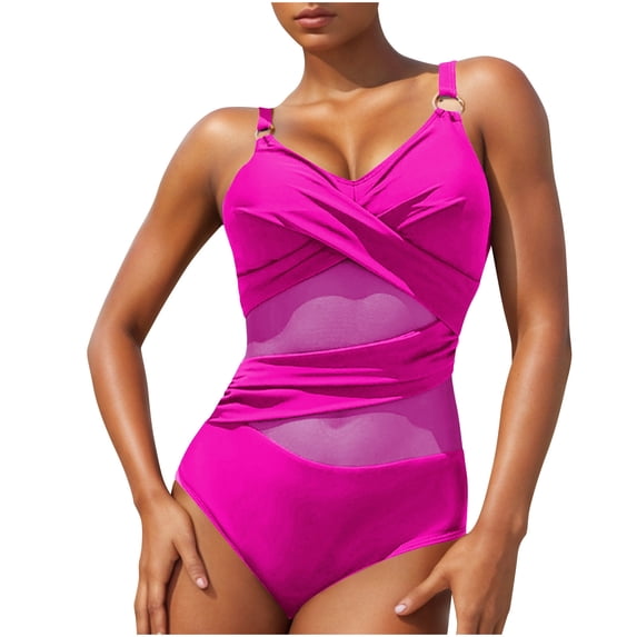 Ohufall Women's One Piece Bathing Suits Solid Color Criss Cross V Neck Backless Swimsuits Push Up Tummy Control Swimwear Bikinis