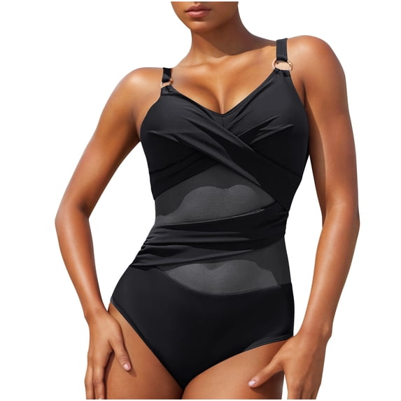 Ohufall Women's One Piece Bathing Suits Solid Color Criss Cross V Neck Backless Swimsuits Push Up Tummy Control Swimwear Bikinis