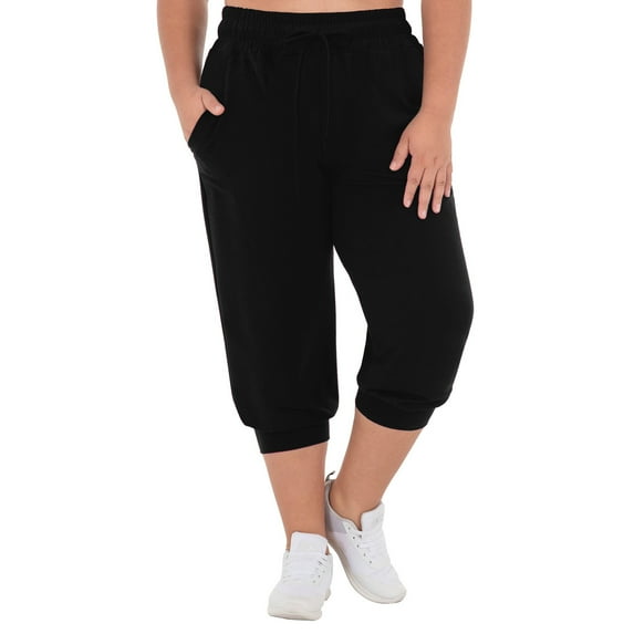Ohufall Women's Plus Size Capri Pants Solid Color High Waist Stretch Casual Foot Binding Capris With Pocket Lightweight Drawstring Jogging Sports Yoga Pants