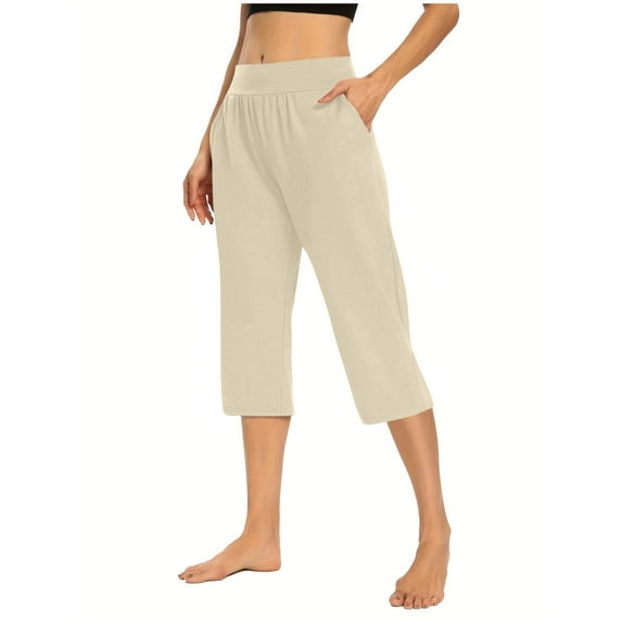 Ohufall Women's Plus Size Capri Pants Solid Elastic Waist Pocket Cropped Pants Summer Fashion Casual Stretchy Pants,Ladies Capris