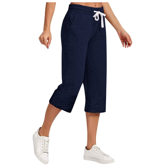 Ohufall Women's Plus Size Cotton Linen Capris Drawstring Elastic Waist Capri Pants Solid Casual Versatile Loose Cropped Pants