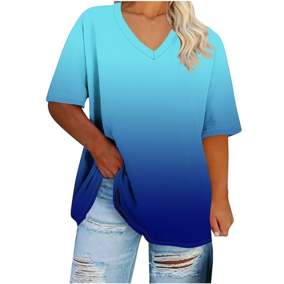 Ohufall Women's Plus Size Shirts Fashion Casual Gradient Color Pullover Short Sleeve V-Neck Blouses Summer Loose Comfy T-shirt Tops