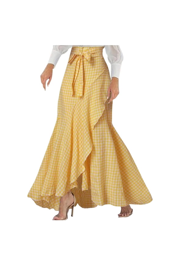 Women's Plus Size Skirts Boho Floral Print Wrap Ruffle Trim Flowy Maxi Skirts High Waist Boho Skirt A Line Long Skirt