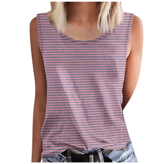 Ohufall Women's Plus Size Tank Tops Summer Casual Color Block Striped Round-Neck Sleeveless Tees Fashion Cool and Loose Sleeveless Tops