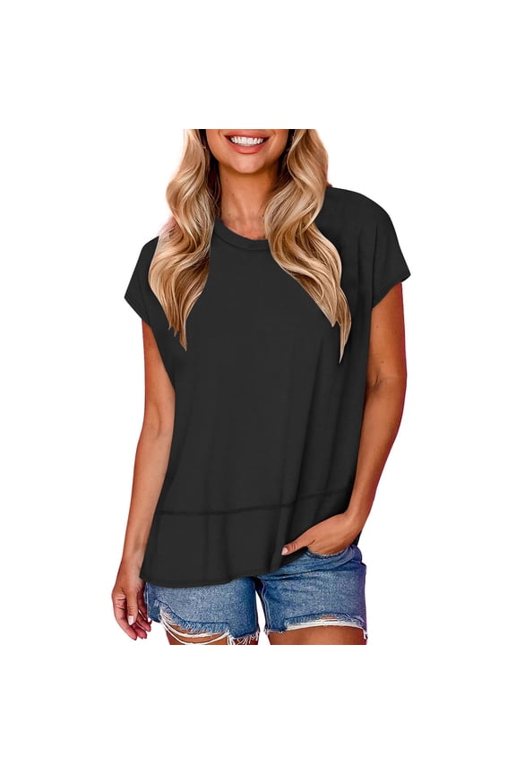 Women's Round Neck T-shirts Summer Loose Comfy Side Split Hem Tee Tops Fashion Solid Color Casual Short Sleeve Blouses
