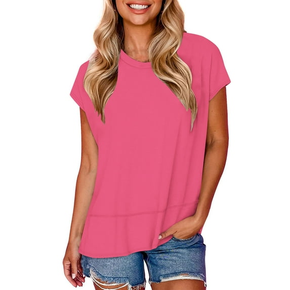 Ohufall Women's Round Neck T-shirts Summer Loose Comfy Side Split Hem Tee Tops Fashion Solid Color Casual Short Sleeve Blouses