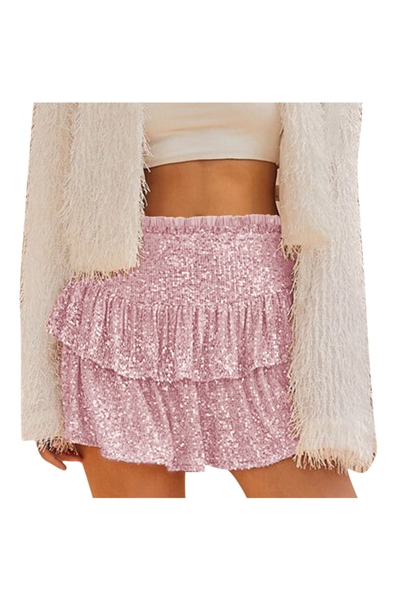 Women's Sequin Ruffle Mini Skirt Sparkly High Waist Lined Layered Flared Pleated Shiny Party Club Short Skirts