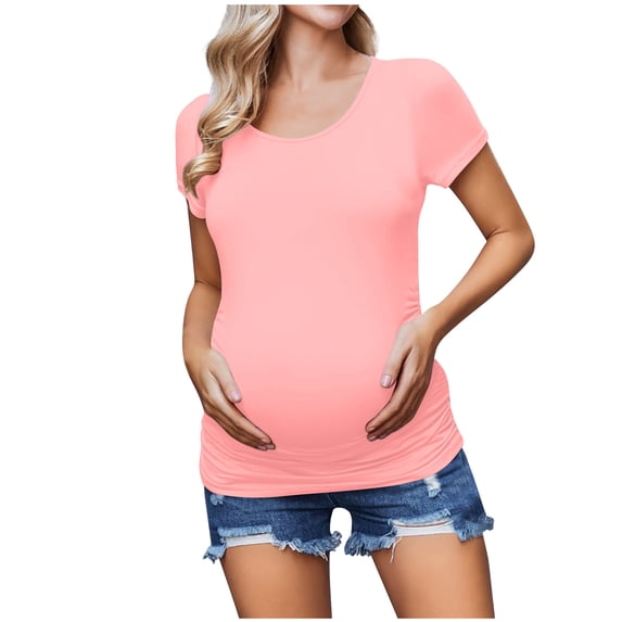 Ohufall Women's Short Sleeve Maternity Shirts Summer Solid Color Casual Round Neck Nursing Tee Tops Loose Fit Comfortable Pregnancy T-shirts for Women