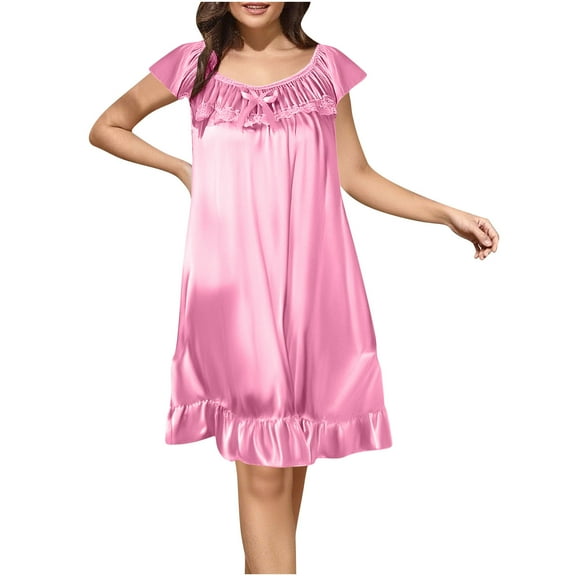 Wdfiry Women's Sleepwear Nightgowns Solid Color Mid-length Pullover Loungewear Short Sleeve Tiered Ruffle Hem Nightshirt