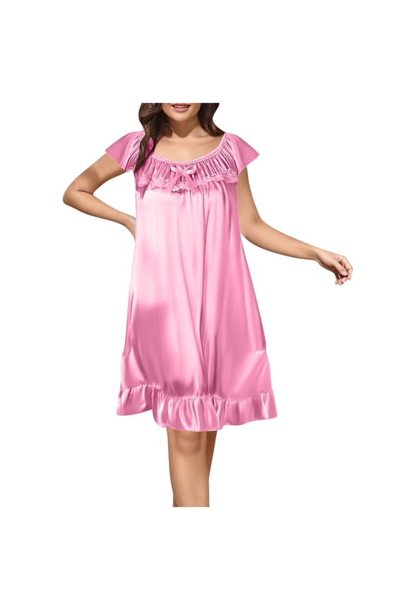 Women's Sleepwear Nightgowns Solid Color Mid-length Pullover Loungewear Short Sleeve Tiered Ruffle Hem Nightshirt
