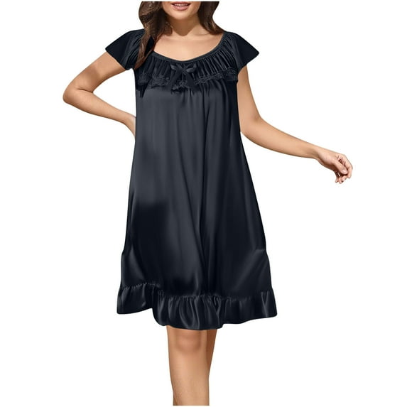 Wdfiry Women's Sleepwear Nightgowns Solid Color Mid-length Pullover Loungewear Short Sleeve Tiered Ruffle Hem Nightshirt