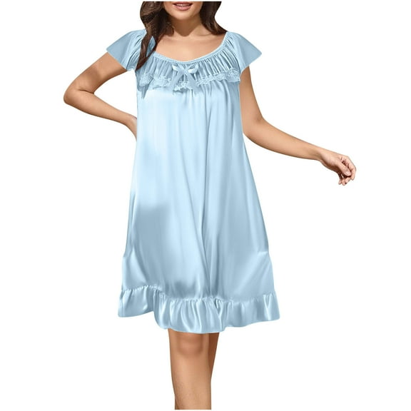 Wdfiry Women's Sleepwear Nightgowns Solid Color Mid-length Pullover Loungewear Short Sleeve Tiered Ruffle Hem Nightshirt