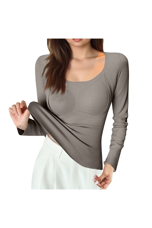 Women's Solid Color Round Neck Blouse Long Sleeve Tops with Built-in Bra Lightweight Warm Seamless T Shirts