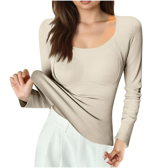 Wdfiry Women's Solid Color Round Neck Blouse Long Sleeve Tops with Built-in Bra Lightweight Warm Seamless T Shirts