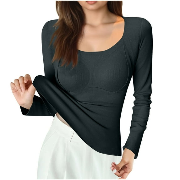Wdfiry Women's Solid Color Round Neck Blouse Long Sleeve Tops with Built-in Bra Lightweight Warm Seamless T Shirts