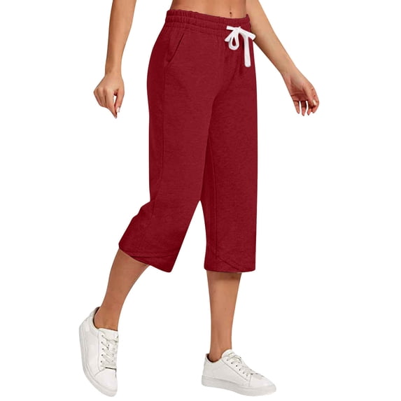 Ohufall Women's Solid Cotton Linen Capri Pants Plus Size Casual Versatile Loose Cropped Pants Drawstring Elastic Waist Capris with Pockets