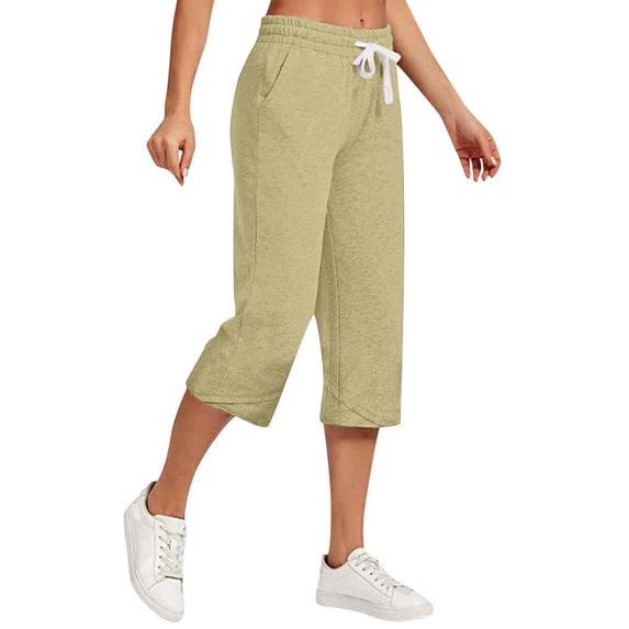 Ohufall Women's Solid Cotton Linen Capri Pants Plus Size Casual Versatile Loose Cropped Pants Drawstring Elastic Waist Capris with Pockets