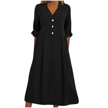 Wdfiry Women's Solid Loose Long Dresses Lapel Half Sleeve Daily Long Dresses for Ladys, Gift on Clearance