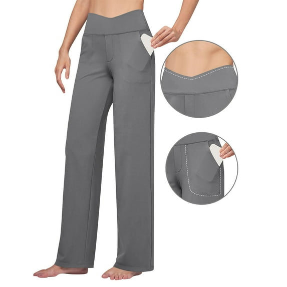 Wdfiry Women's Straight Yoga Pants with Pockets V Crossover High Waisted Sport Yoga Pants Elastic Waist Gym Workout Pants