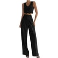 thumbnail image 1 of Ohufall Women's Summer 2 Piece Outfits Sleeveless Button Down Round Neck Tank Vest Top And High Wasit Wide Leg Pants Ladies Lounge Sets, 1 of 6