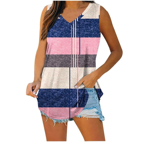 Wdfiry Women's Tank Tops Fashion Casual Color Block Pullover V-neck Sleeveless Top Summer Loose Fit Side Split Sleeveless Shirts