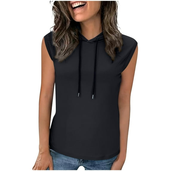 Ohufall Women's Tank Tops Fashion Casual Solid Color Drawstring Sleeveless Hooded Blouses Summer Lightweight Workout Sleeveless Tops