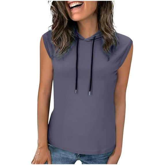 Ohufall Women's Tank Tops Fashion Casual Solid Color Drawstring Sleeveless Hooded Blouses Summer Lightweight Workout Sleeveless Tops